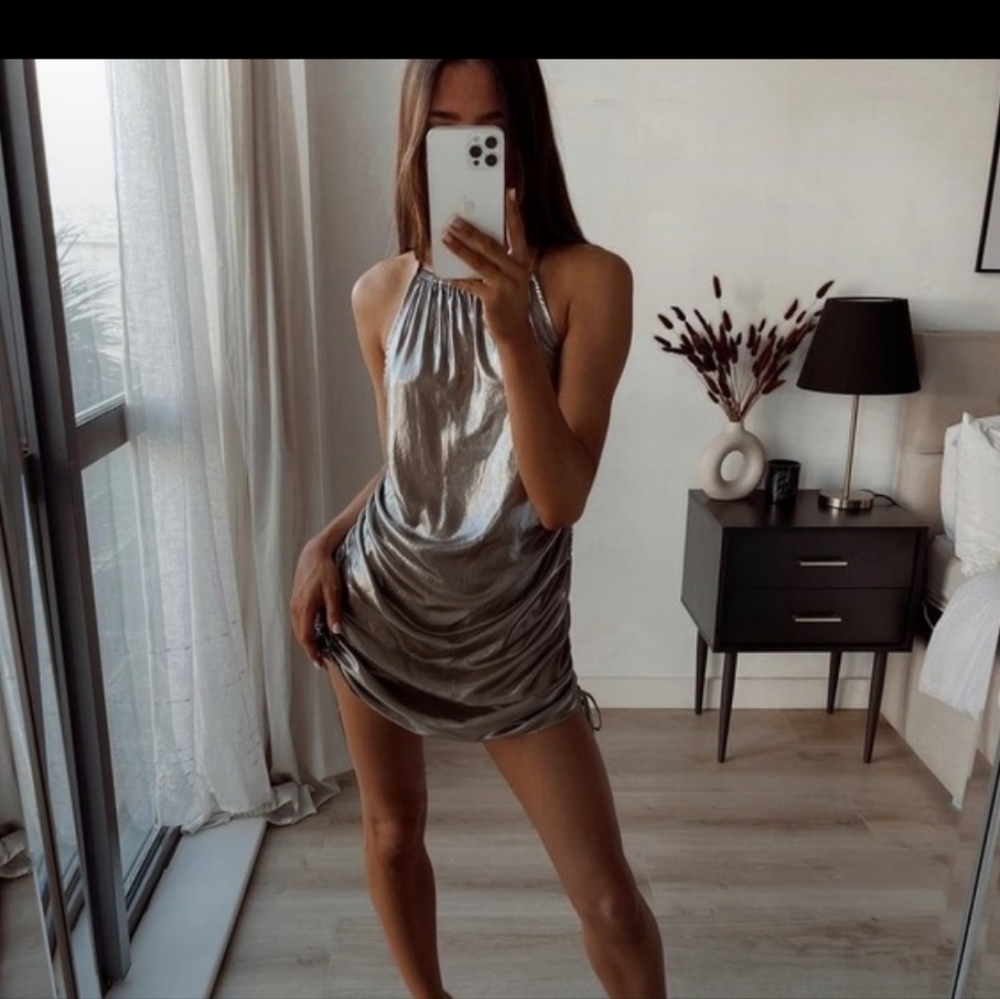 NEW ZARA Silver Metallic Slinky Ruched Tie Mini Dress w/Scoop Halter Neck